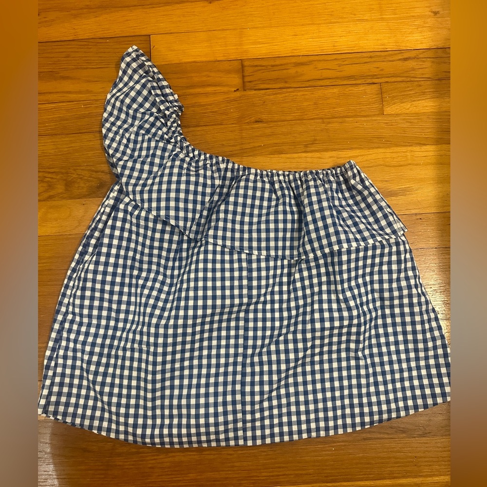 NWOT Lauren James Gingham one shoulder Navy Top Small